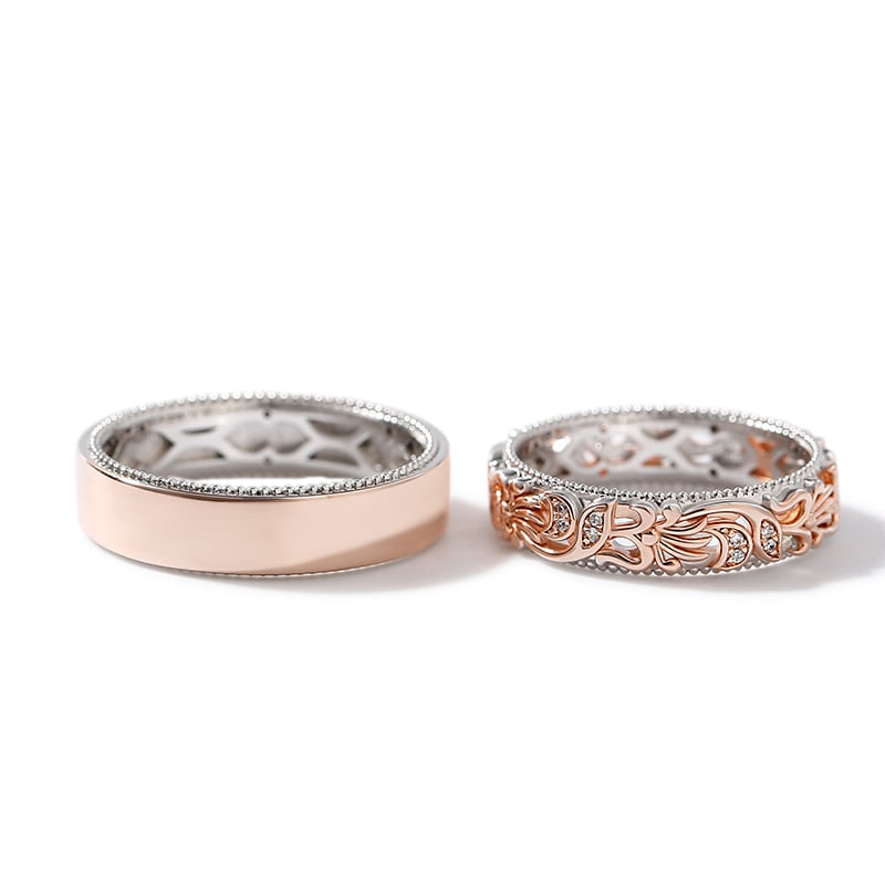 Juelvia Two Tone Floral and Leaf Carved Unique Sterling Silver Band Set