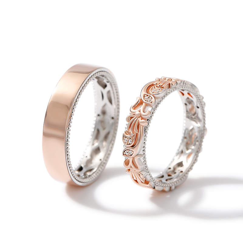Juelvia Two Tone Floral and Leaf Carved Unique Sterling Silver Band Set