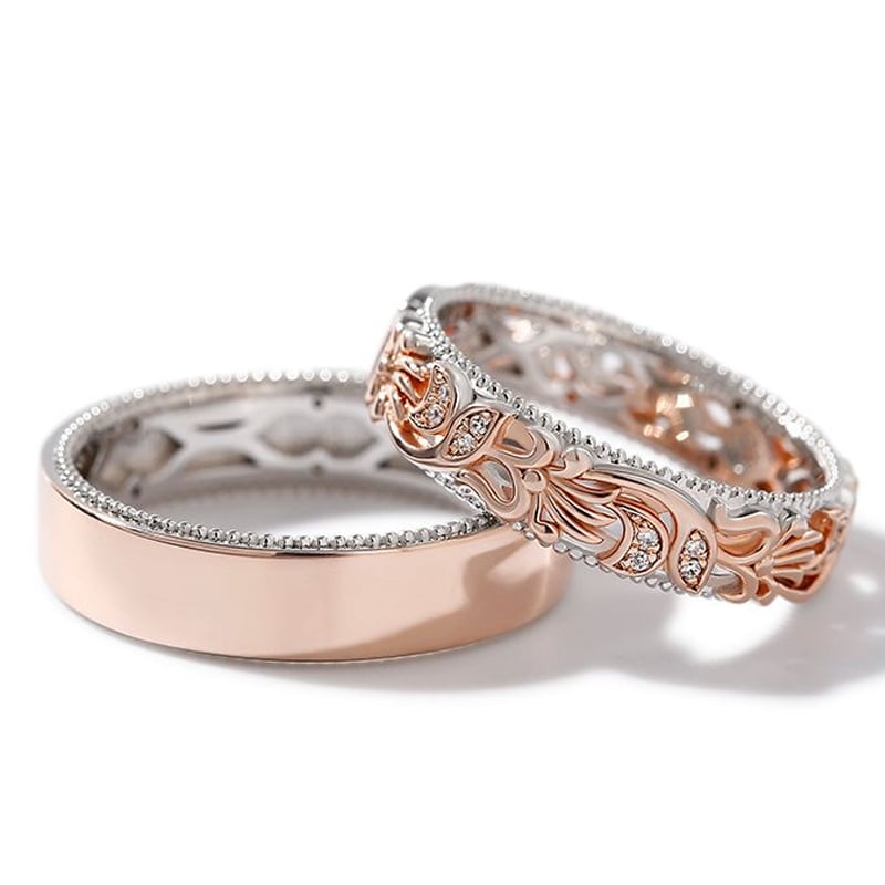 Juelvia Two Tone Floral and Leaf Carved Unique Sterling Silver Band Set
