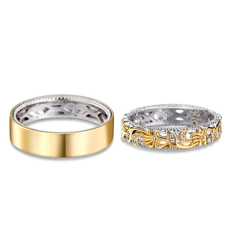 Juelvia Two Tone Floral and Leaf Carved Unique Sterling Silver Band Set