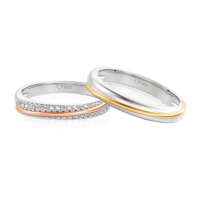Two Tone Slash Couple Ring Set Sterling Silver