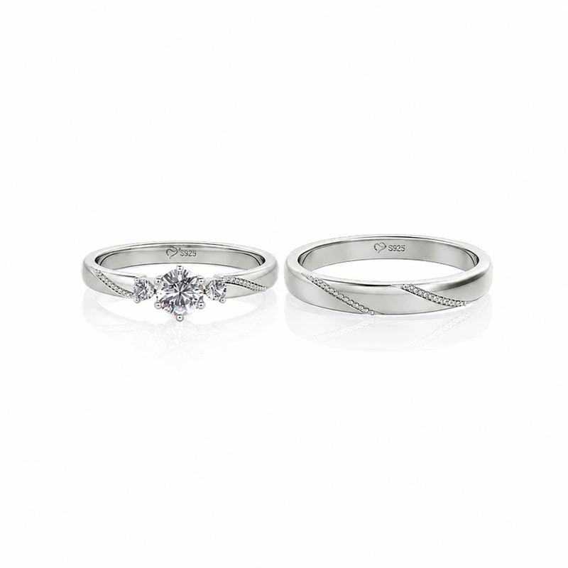 Juelvia Simple Custom Couple Ring Three Stone Milgrain
