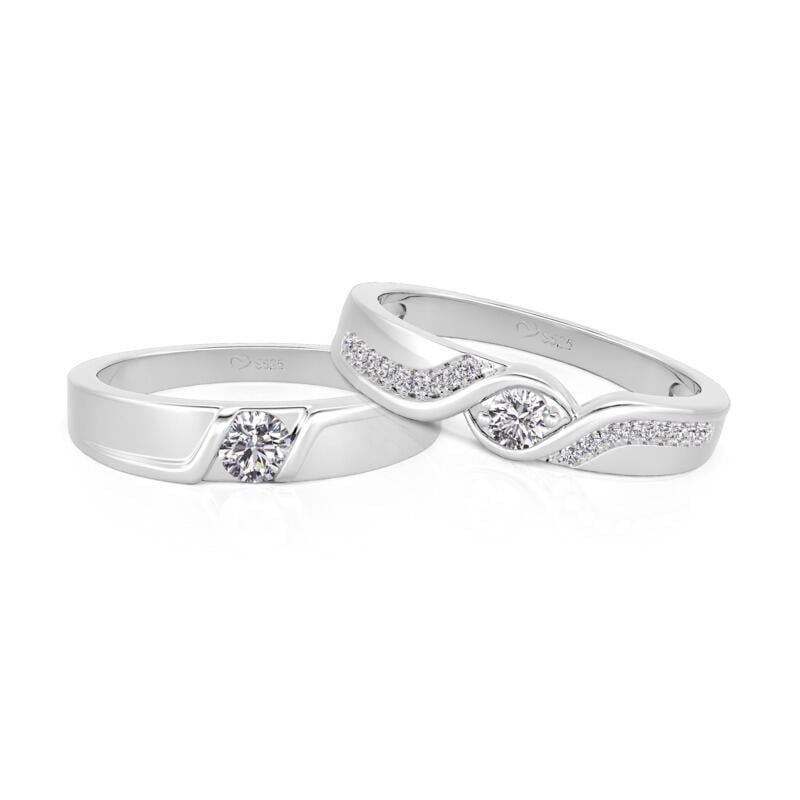 Bypass Round Cut Couple Rings Set Sterling Silver