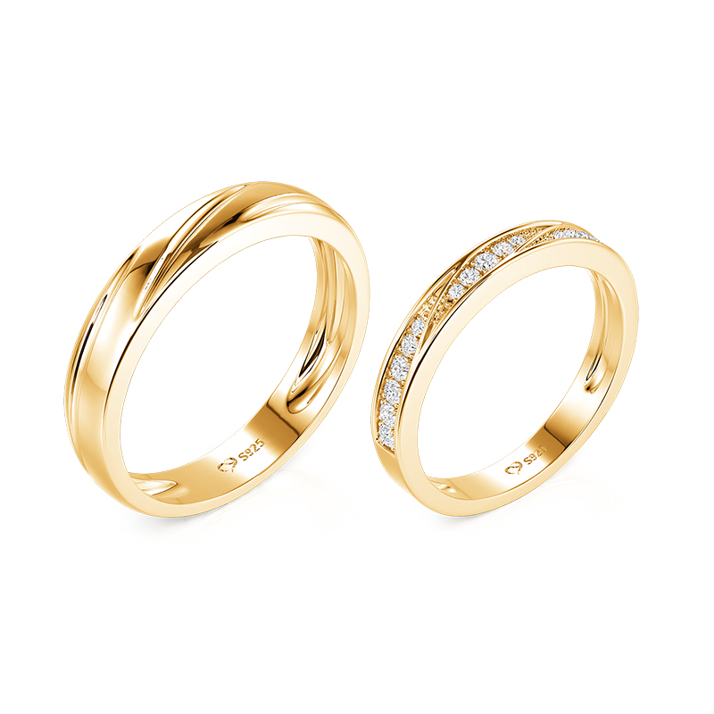 Juelvia Classic Gold Bypass Wave Matching Couple Ring Set