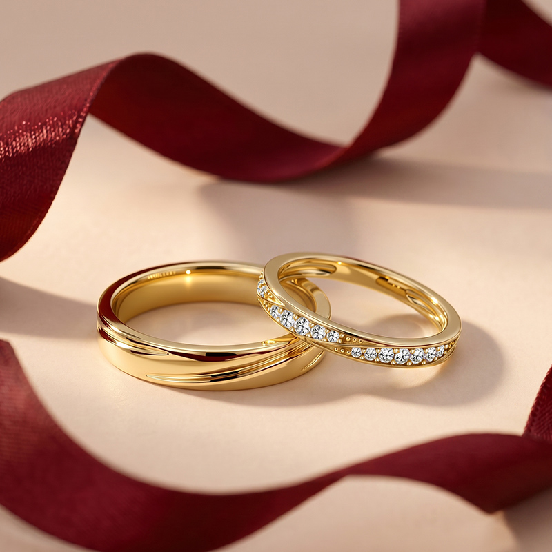 Juelvia Classic Gold Bypass Wave Matching Couple Ring Set