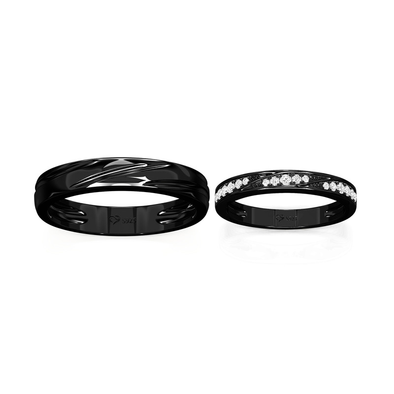 Juelvia Classic Black Matching Couple Rings Set Bypass Wave