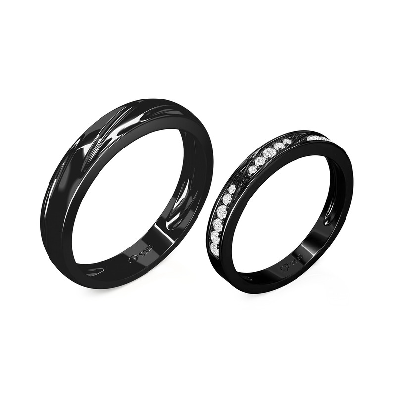 Juelvia Classic Black Matching Couple Rings Set Bypass Wave