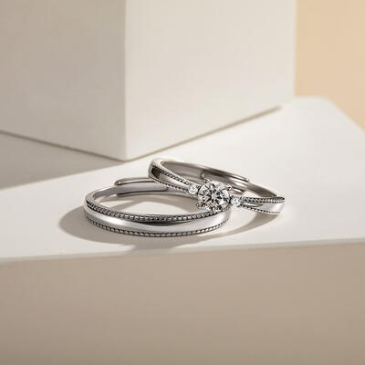 Juelvia Simple Beaded Edge Adjustable Couple Rings Set