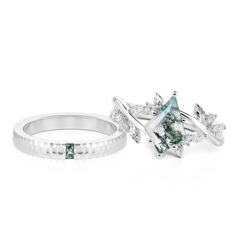 Nature Inspired Moss Agate Couple Rings Set