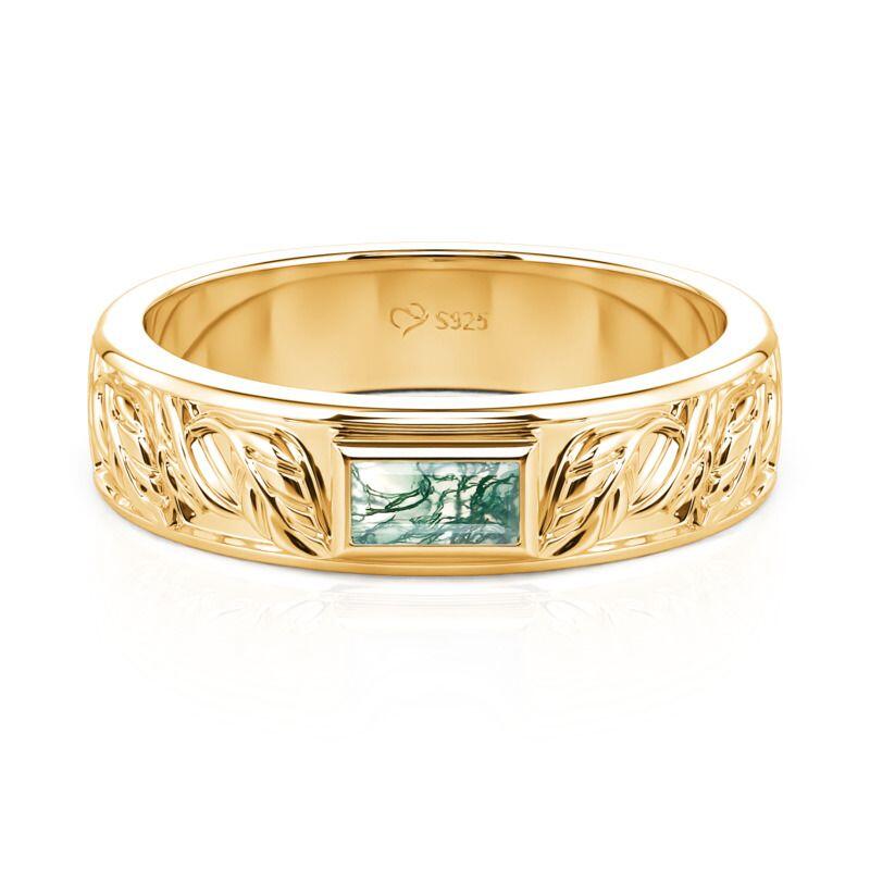Leaf Carved Moss Agate Wedding Band for Men