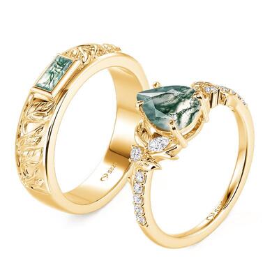 Juelvia Nature Inspired Leaf Carved Moss Agate Couple Rings Set