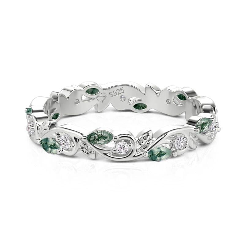 Curled Leaf Twist Moss Agate Wedding Ring for Women