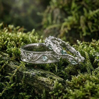 Juelvia Curled Leaf Twist Moss Agate Couple's Ring Set