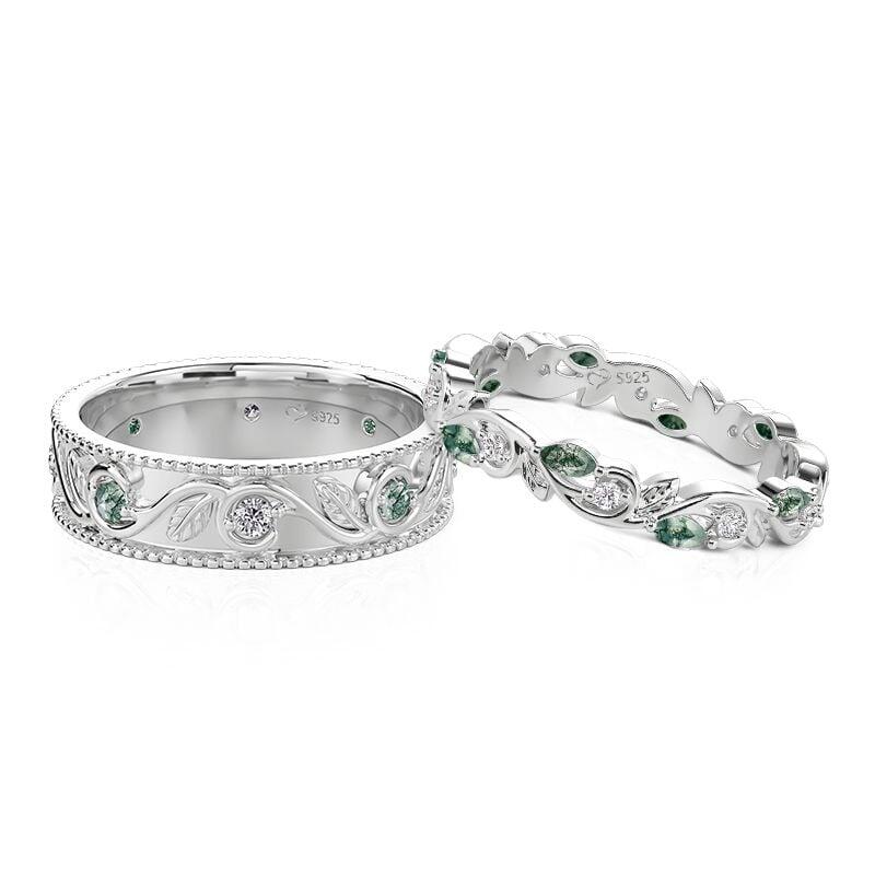 Curled Leaf Twist Moss Agate Couple's Ring Set