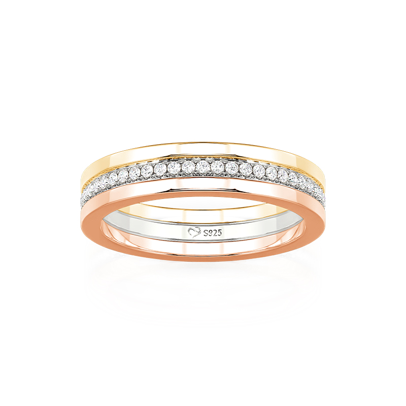 Juelvia Classic Tri-Color Pave Wedding Band for Women