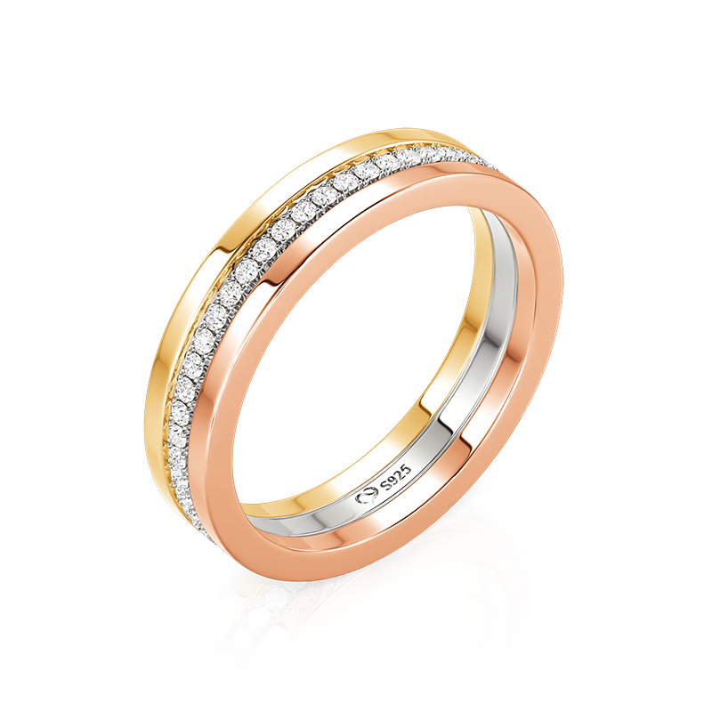 Juelvia Classic Tri-Color Pave Wedding Band for Women