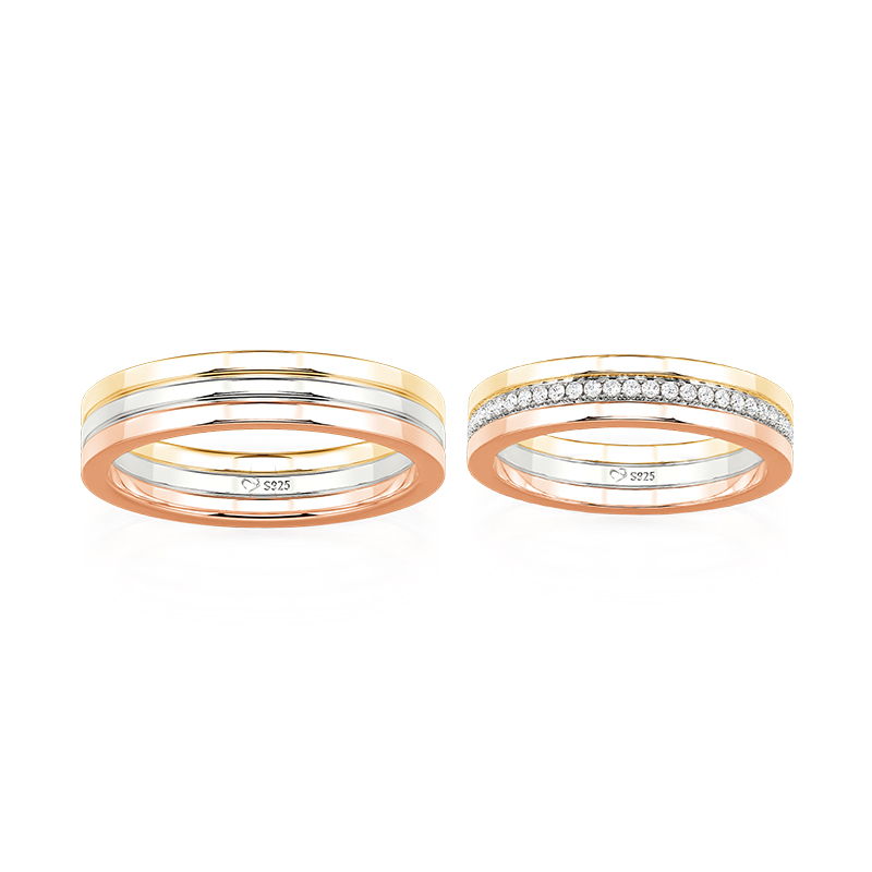 Juelvia Classic Tri-Color Wedding Band Set for Couple