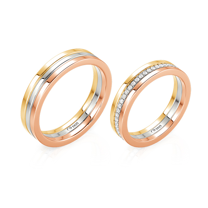 Juelvia Classic Tri-Color Wedding Band Set for Couple