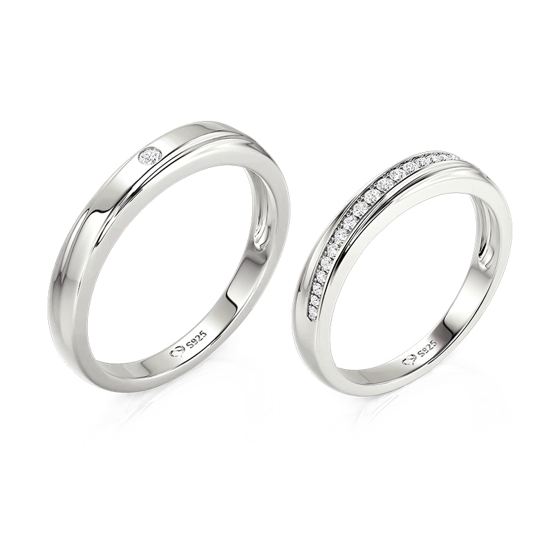 Juelvia Custom Diagonal Wave Couple Ring Set 10K/14K/18K Gold & Platinum