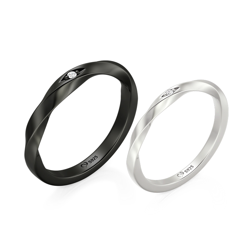 Juelvia Minimalist Silver & Black Couple Ring Set with Stone