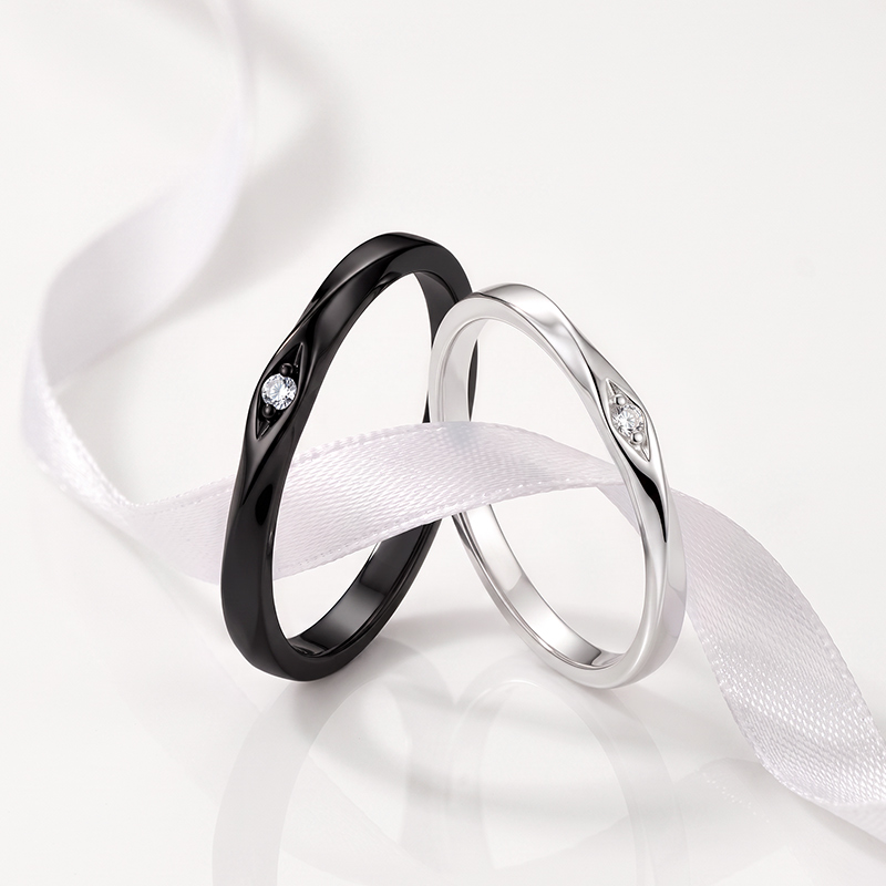 Juelvia Minimalist Silver & Black Couple Ring Set with Stone