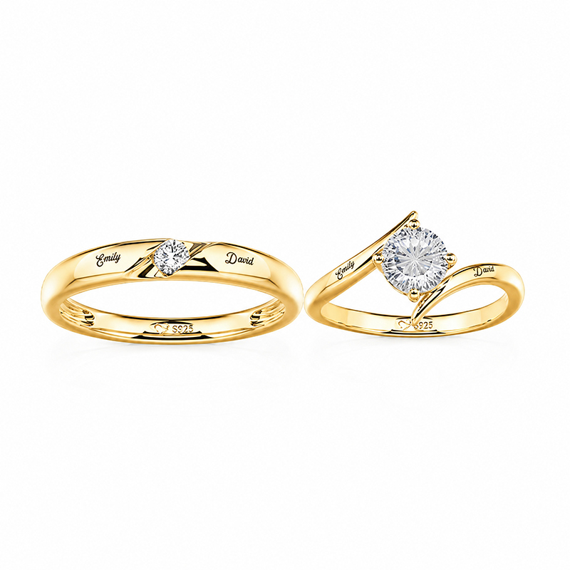 Juelvia Parallel Meet Gold Custom Engravable Bypass Wedding Ring Set