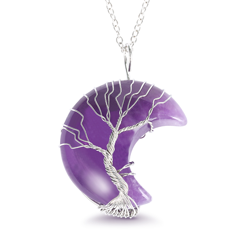 "Spiritual Growth" Winding Design Crescent Moon Natural Amethyst Necklace