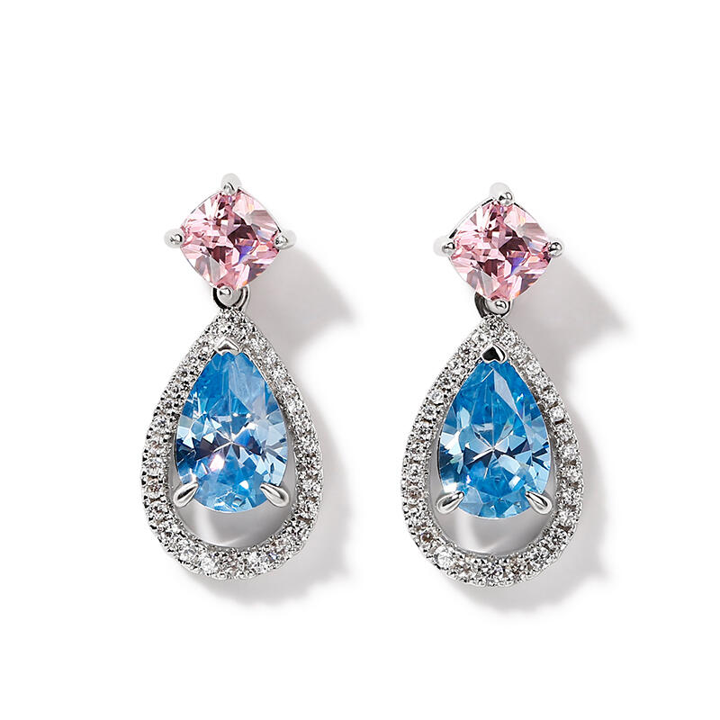 Teardrop Sparkling Aquamarine Halo Pear Cut Sterling Silver Earrings