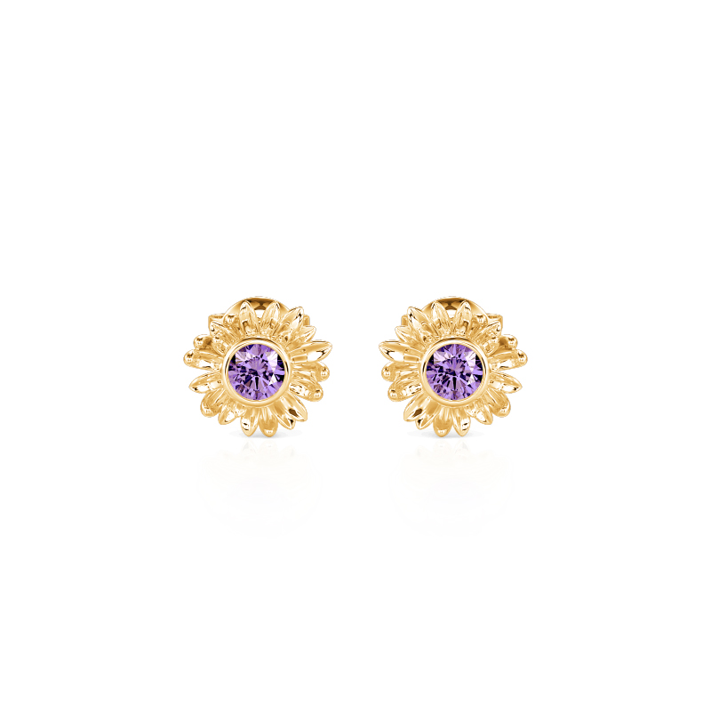 "Hope & Light" Purple Stone Gold Sunflower Stud Earrings