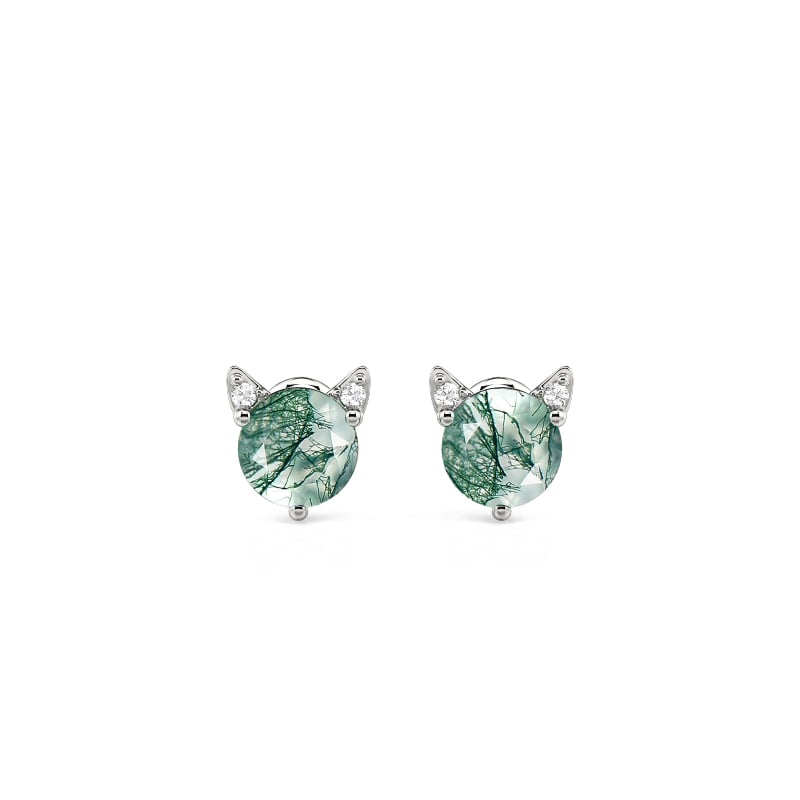 Minimalist Cat Shape Moss Agate Earrings Sterling Silver