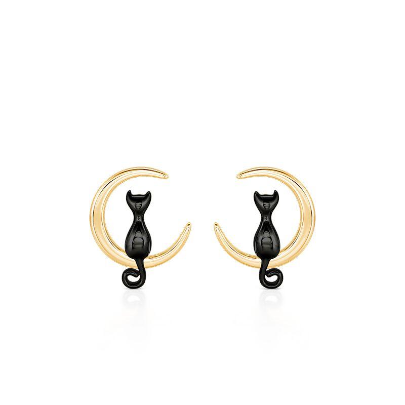 Black Cat and Moon Gold Stud Earrings