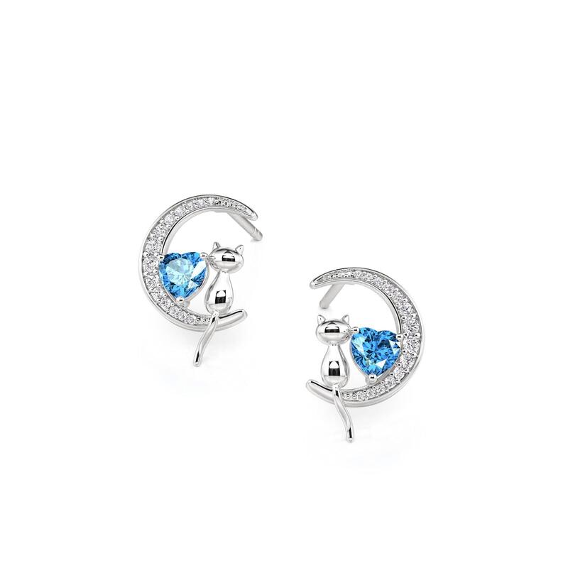 Custom Cat on Moon Earrings with Heart Birthstone