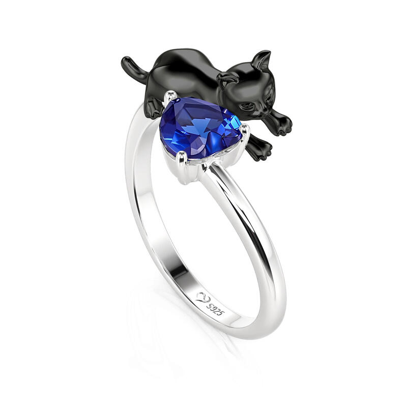 Guardian Black Cat Heart Ring Sterling Silver