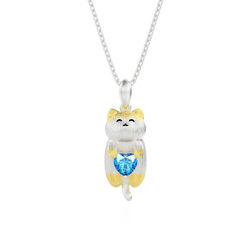 Two Tone Smiling Cat Hug Heart Necklace Sterling Silver