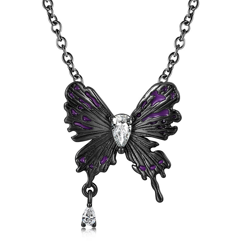 "Night Wings" Dark Black Butterfly Pear Cut Sterling Silver Necklace