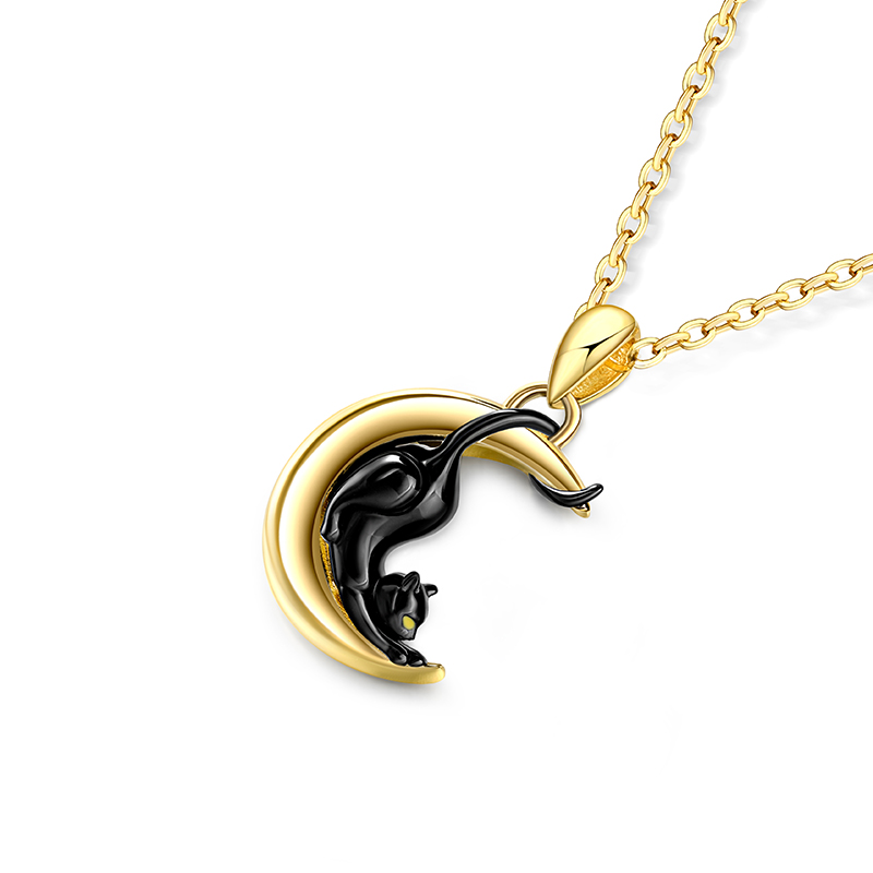Juelvia Black Cat & Crescent Moon Sterling Silver Necklace