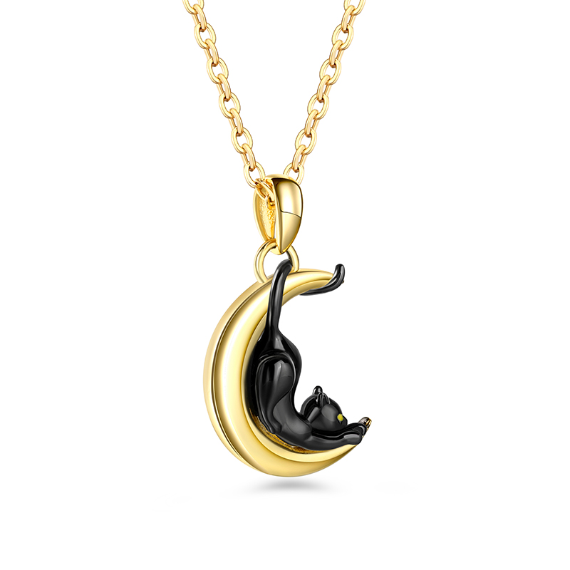 Juelvia Black Cat & Crescent Moon Sterling Silver Necklace