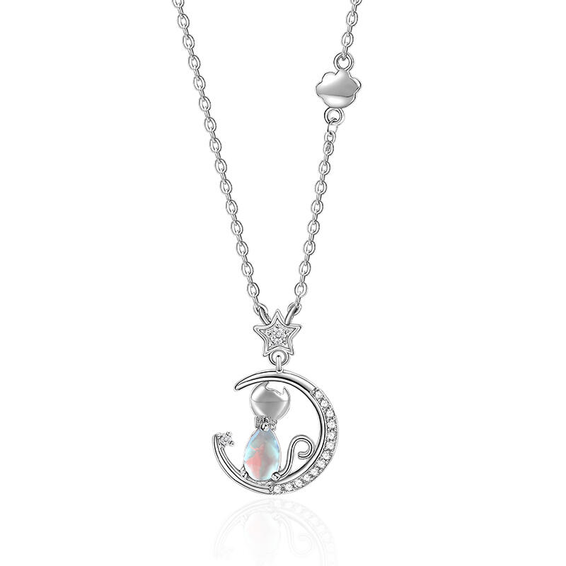 Bent Moon Kitten Moonstone Necklace