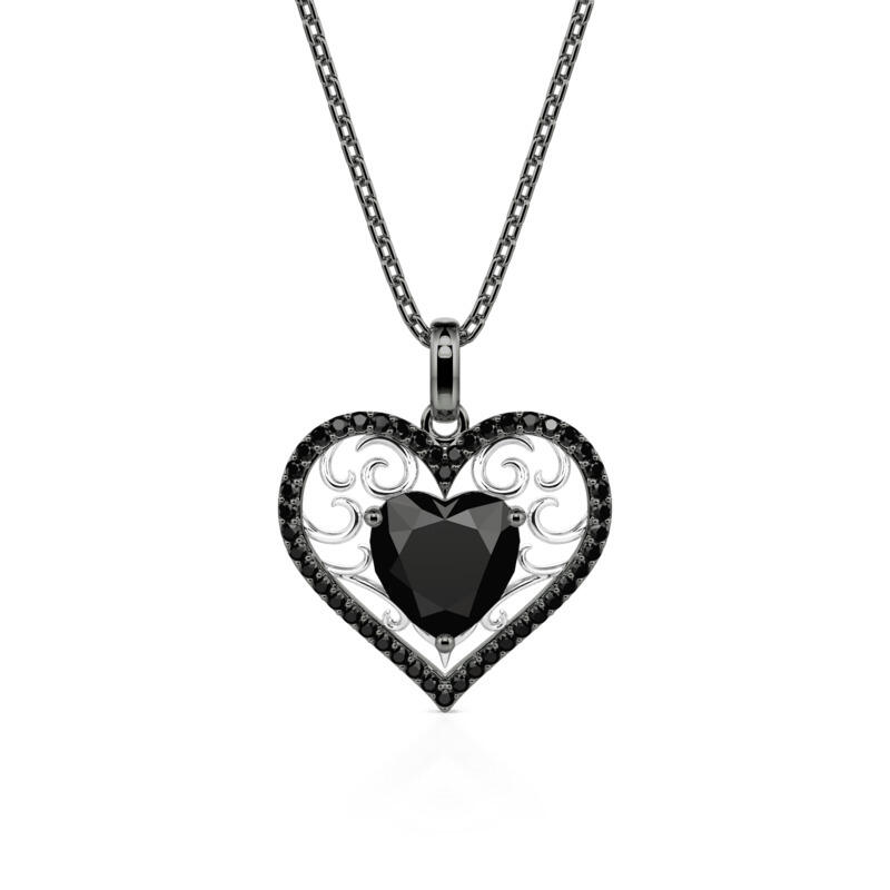Fashion Vine Black Heart Necklace Sterling Silver