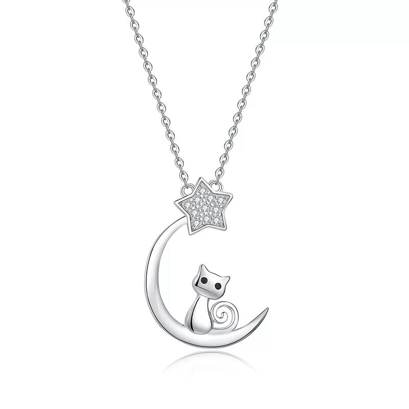 Classic Moon and Star Cat Necklace Sterling Silver