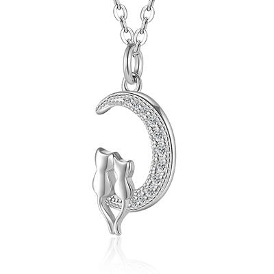 Juelvia Fashion Cat and Moon Necklace Sterling Silver