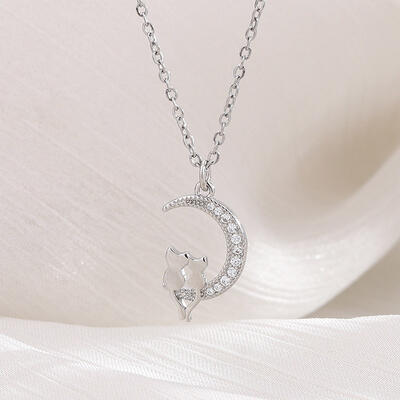 Juelvia Fashion Cat and Moon Necklace Sterling Silver
