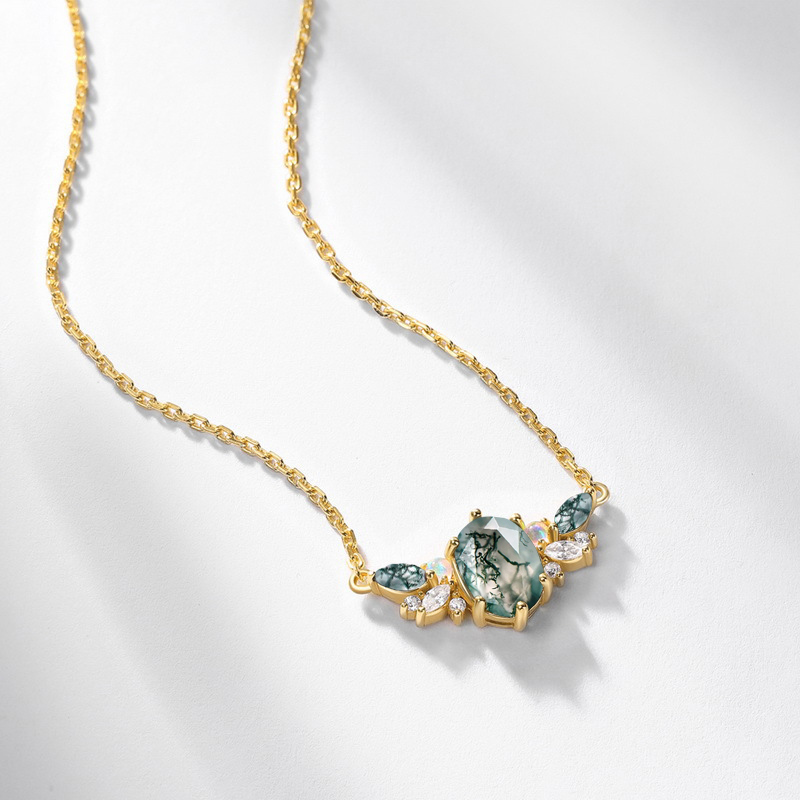 Juelvia Vintage Moss Agate Opal Necklace Sterling Silver