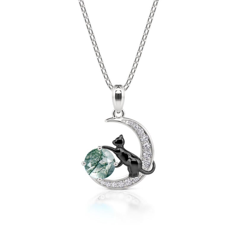 "Black Cat on the Moon" Moss Agate Necklace