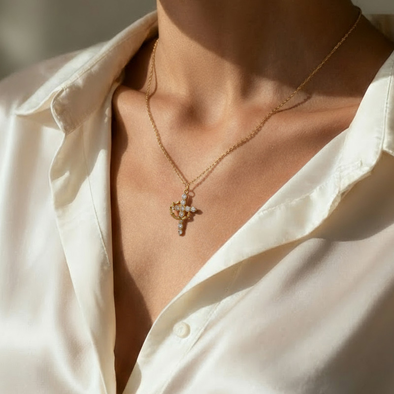 Juelvia Gold Cross with Crown Necklace in Sterling Silver