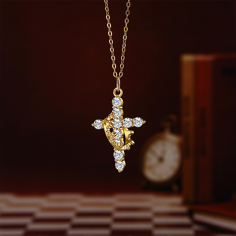 Juelvia Gold Cross with Crown Necklace in Sterling Silver