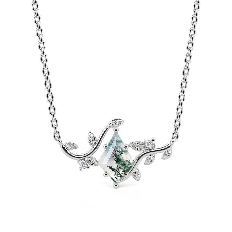 Leaf Design Kite Cut Moss Agate Necklace Sterling Silver