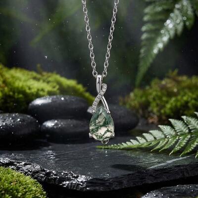 Juelvia Twist Pear Cut Moss Agate Necklace Sterling Silver
