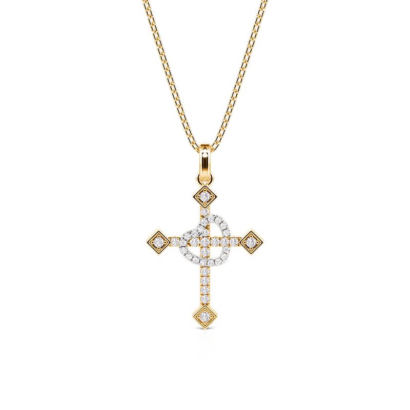 Two-Tone Pave Heart Cross Necklace Sterling Silver