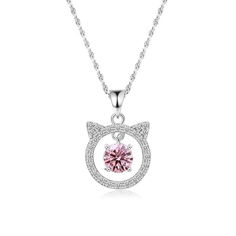 Hollow Cat Necklace with Pink Stone Sterling Silver
